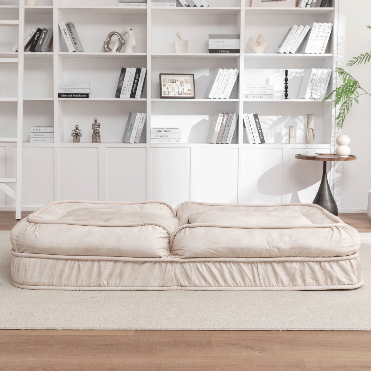 Upholstered Human Dog Bed And Pets Bean Bag Floor Sofa With Massage Pillow, 5 Adjustable Positions & 2 Soft Pillows, Velvet With Foam And Iron Plastic Frame - Beige