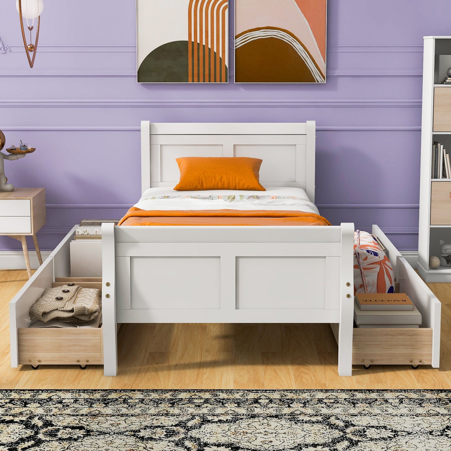 Twin Size Platform Bed With 4 Drawers And Streamlined Headboard & Footboard - White