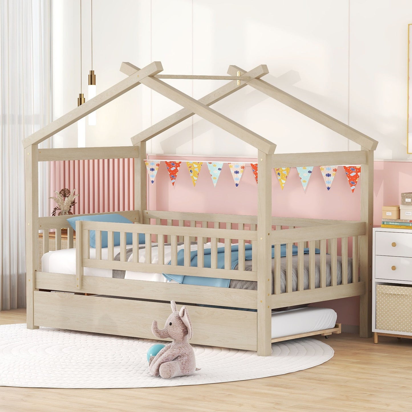 Twin Size House Bed & Twin Size Trundle - Natural