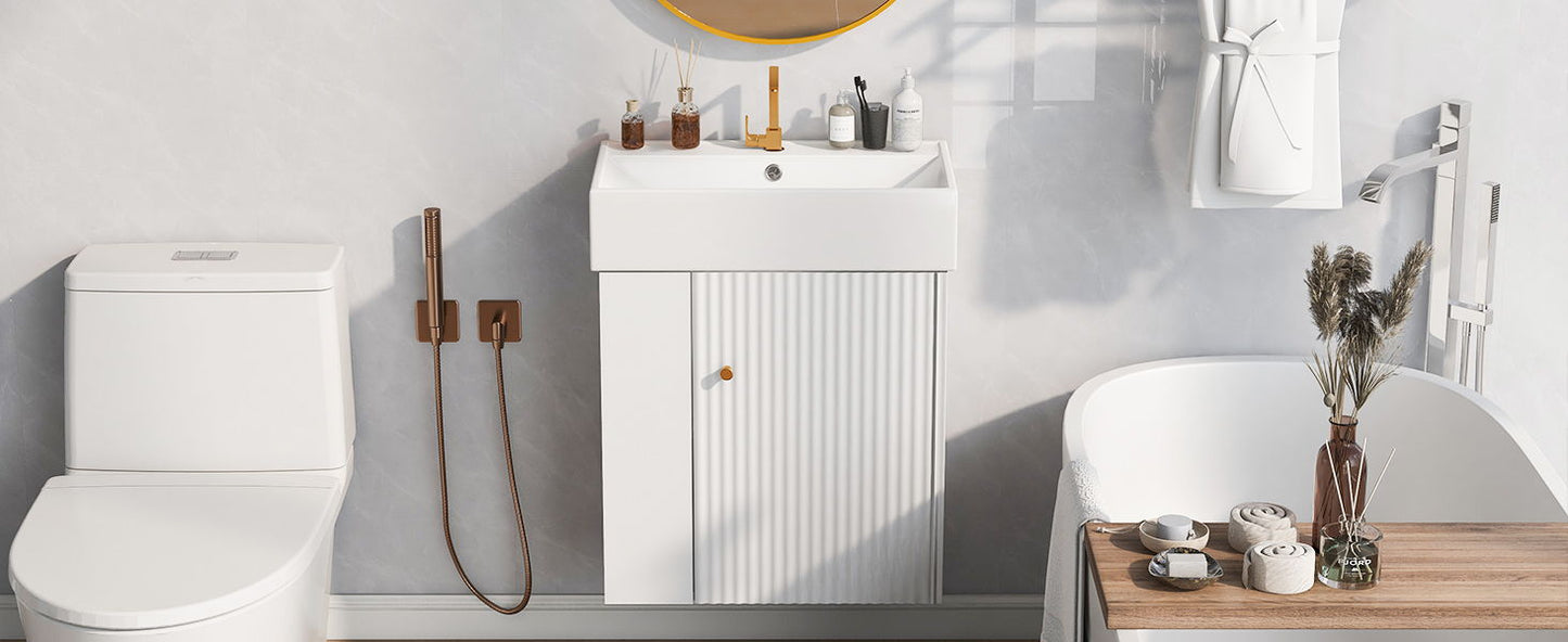 Modern Floating Bathroom Vanity With Ceramic Basin Perfect For Small Bathrooms, Left Side Storage - White