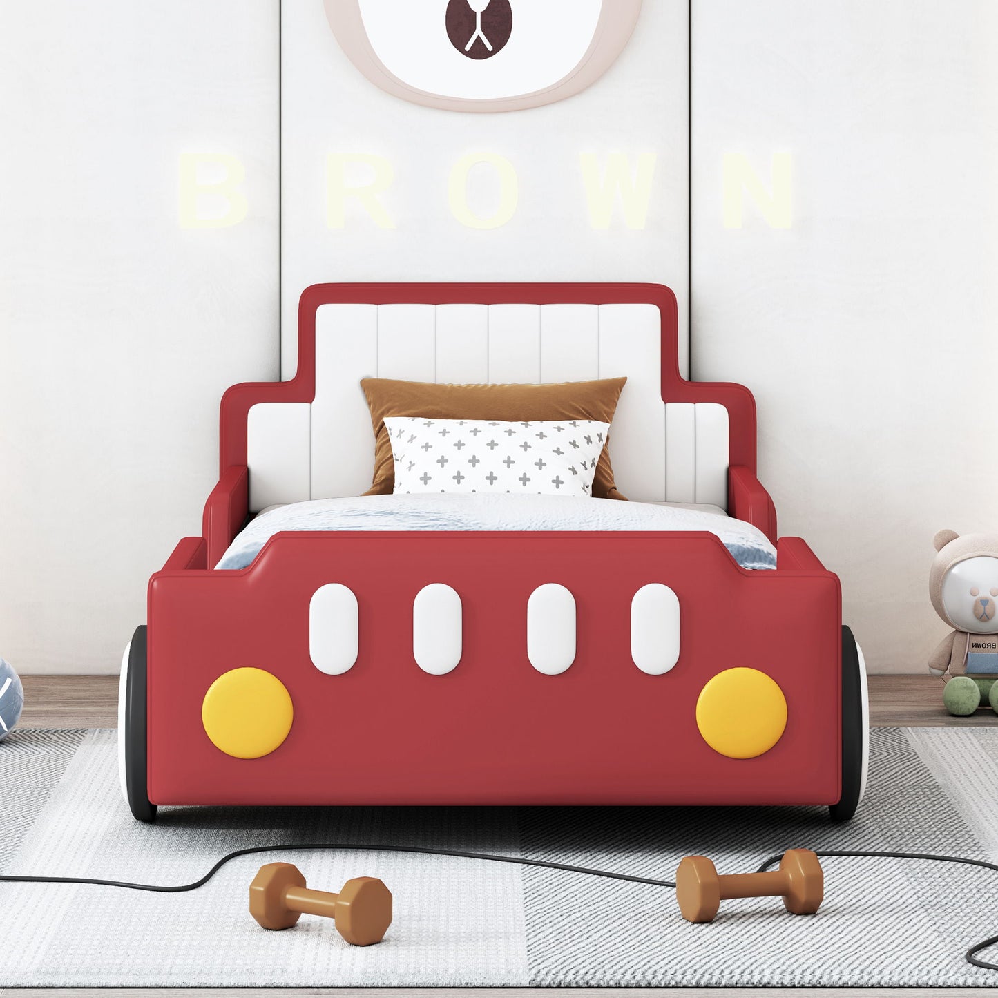 Twin Size Race Car Shaped Platform Bed & Wheels - Red