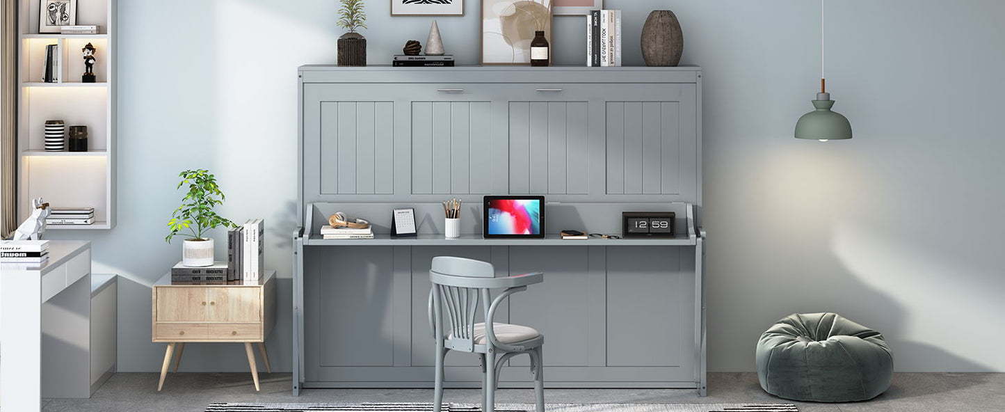 Full Size Murphy Bed With Hydraulic Lift & Desk Design - Gray