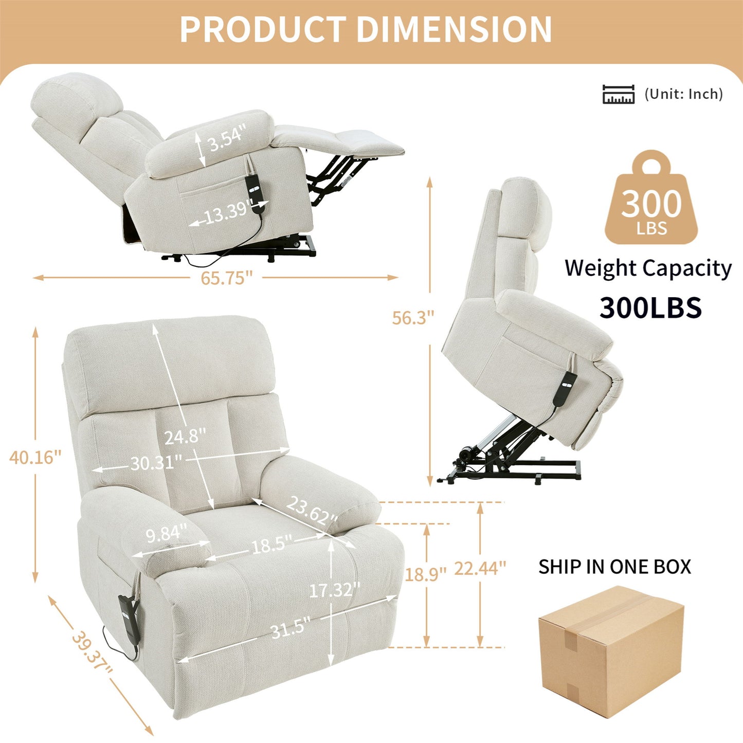 Oversized Power Lift Recliner Chair - Electric Fabric Reclining Sofa Chair With Remote Control, Side Pocket, And Spacious Seat For Home Theater - Light Gray