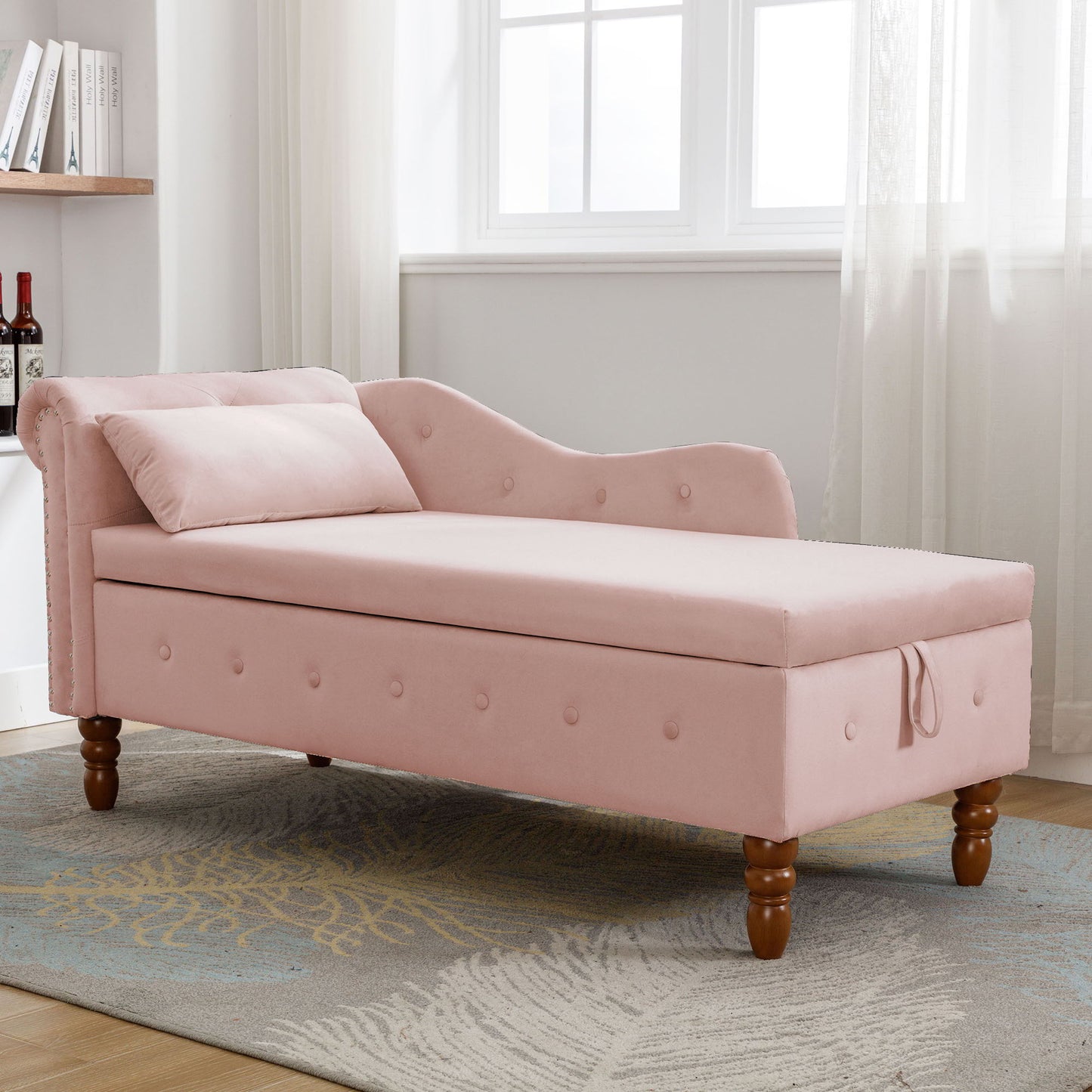 Chaise Lounge Indoor, Velvet Lounge Chair For Bedroom With Storage & Pillow, Modern Upholstered Rolled Arm Chase Lounge For Sleeping With Nailhead Trim For Living Room Bedroom Office - Pink