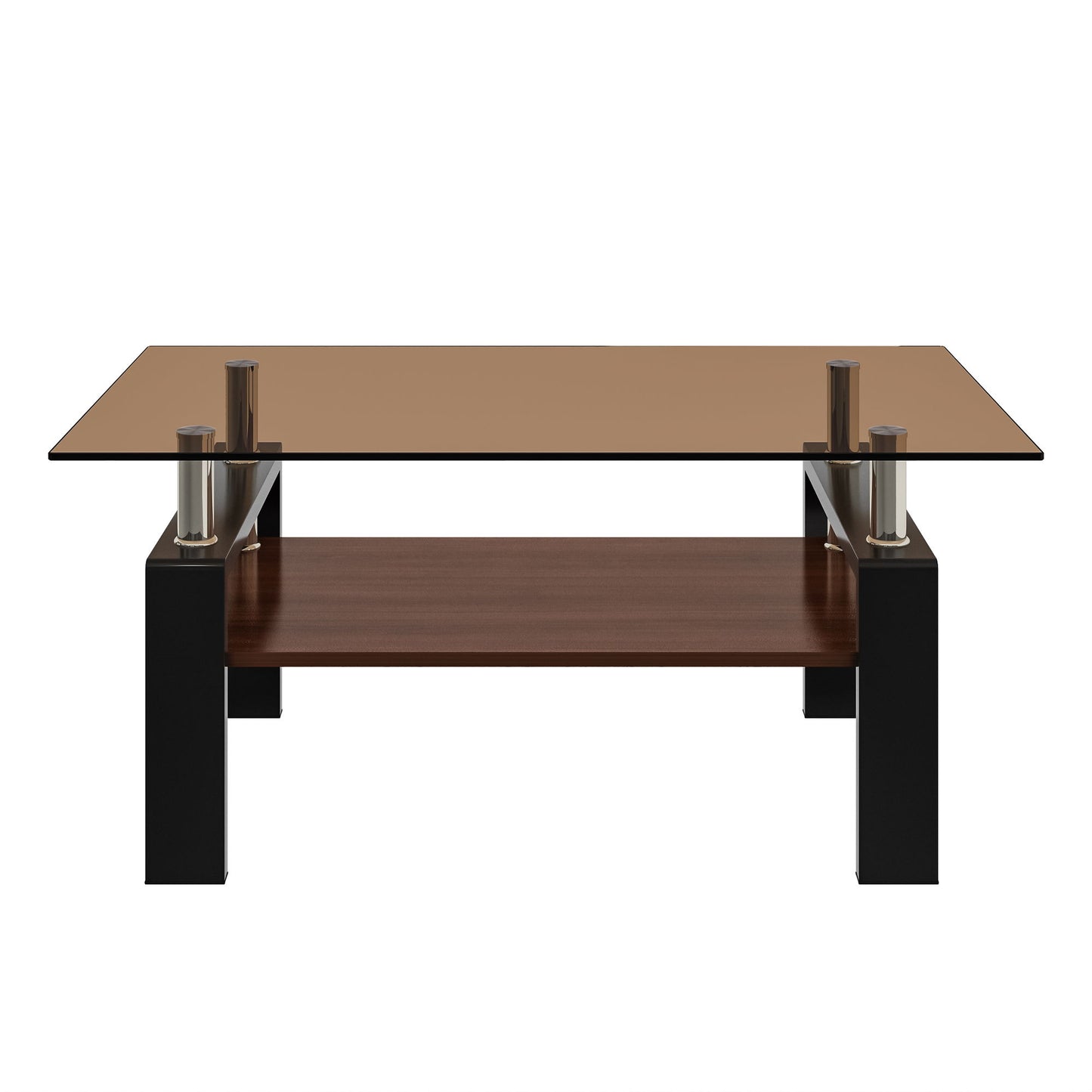 Modern Rectangular Coffee Table With Tempered Brown Glass Top And Layer Table For Living Room - Brown / Black