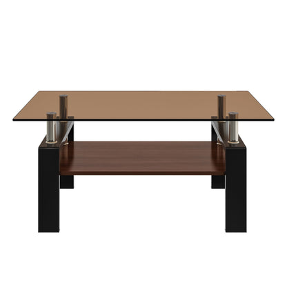 Modern Rectangular Coffee Table With Tempered Brown Glass Top And Layer Table For Living Room - Brown / Black