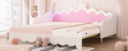 Twin Extending Daybed With LED Lights, Modern Upholstered Princess Daybed With Crown Headboard - White