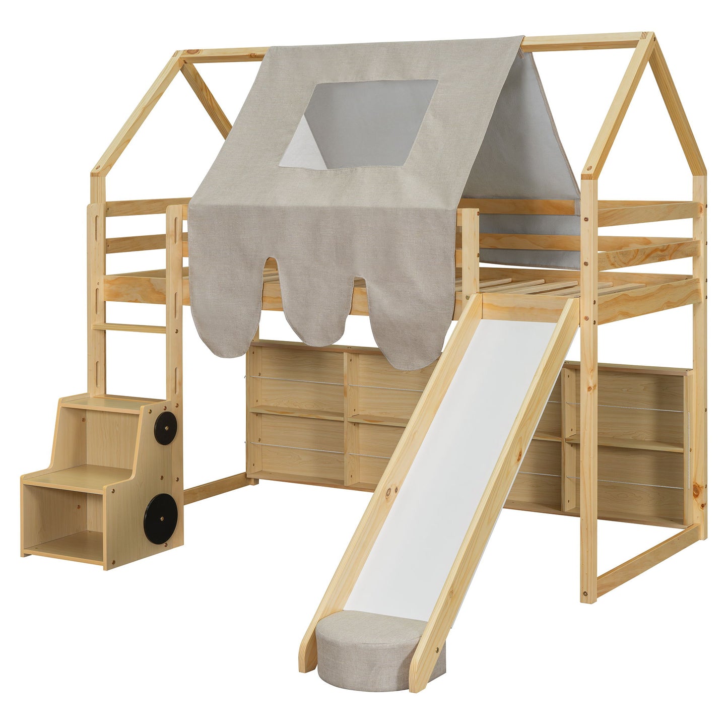 Twin Size Loft Bed With House Shaped Frame And Tent - Natural / Beige