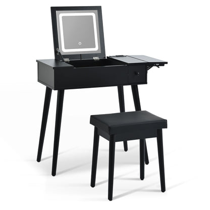 Makeup Vanity Desk With Flip Top Mirror And LED Light, Dressing Table With Charging Station, 2 Drawers And Fold Up Panel, Vanity Set With Cushioned Stool For Bedroom - Black