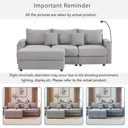 Modern Style 3 - Seater Sofa Sectional Sofa Couch With Storage Space, A Movable Ottoman, Two USB Ports, Two Cup Holders, A Phone Holder For Living Room - Gray