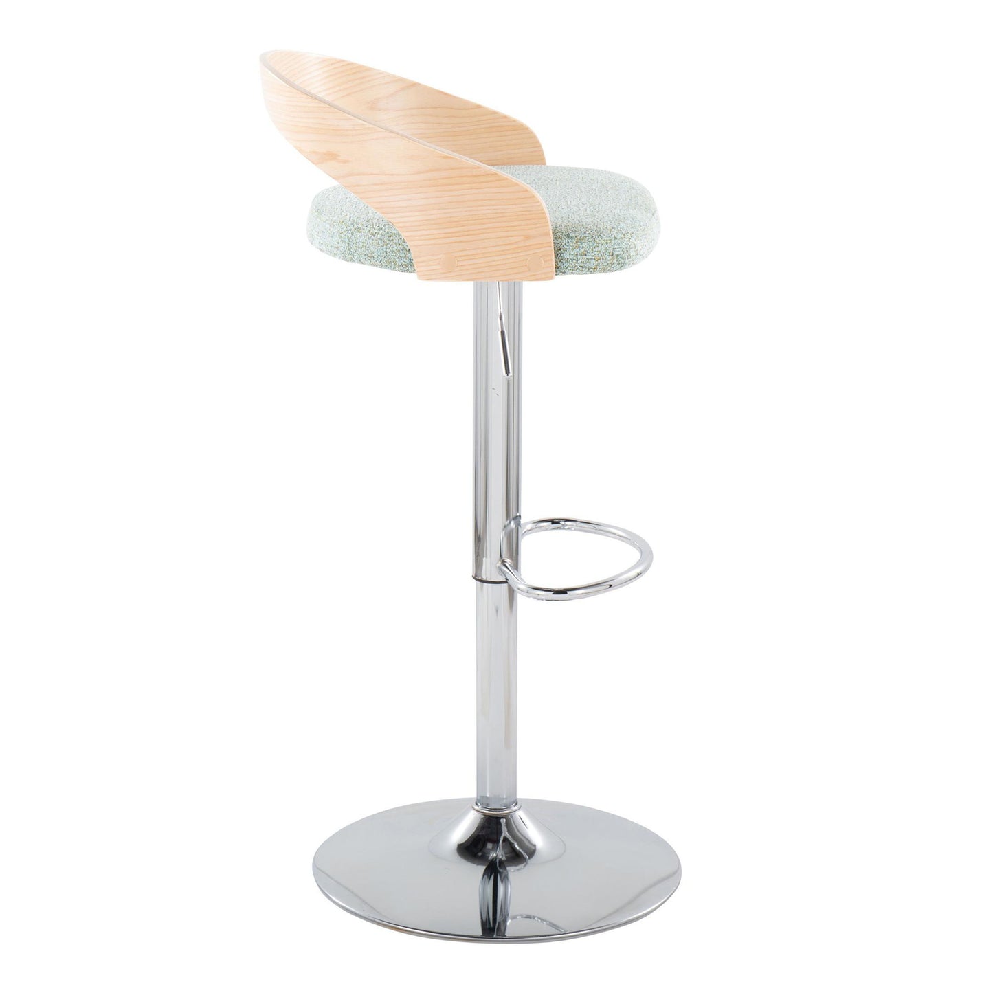 Grotto - Mid-Century Modern Adjustable Height Barstool With Swivel With Oval Footrest (Set of 2) - Chrome / Natural / Light Green