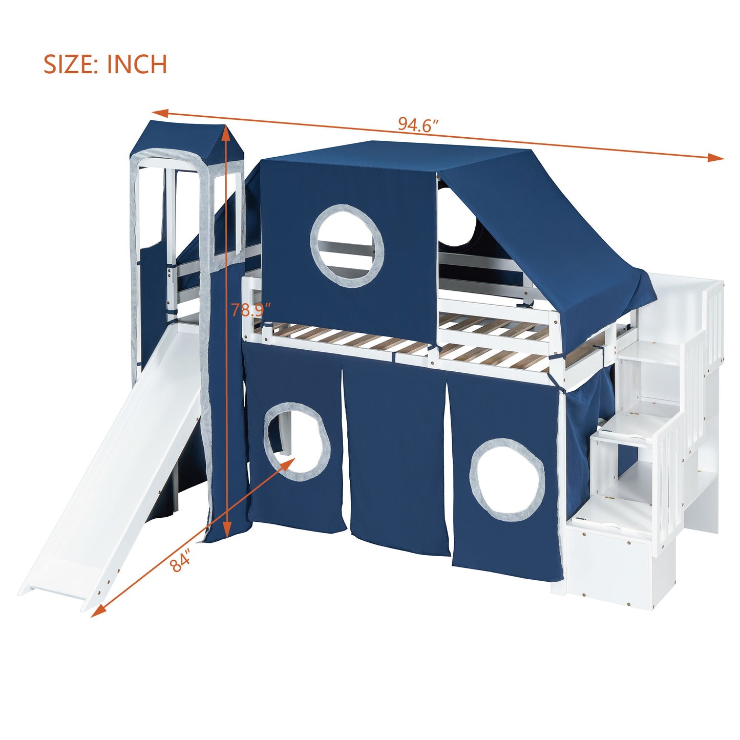 Twin Size Loft Bed With Tent And Tower - Blue