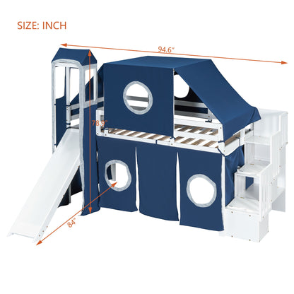 Twin Size Loft Bed With Tent And Tower - Blue