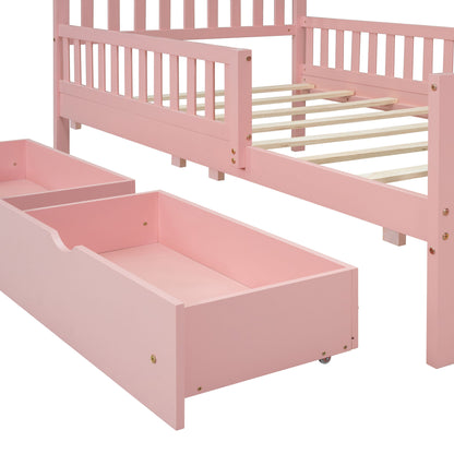 Twin Size Platform Bed With Guardrails On Both Sides And 2 Storage Drawers - Pink