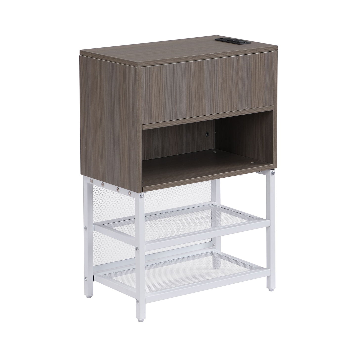 Full Size Platform Bed With 2 Tier Storage Shelves, Storage Cabinet - White