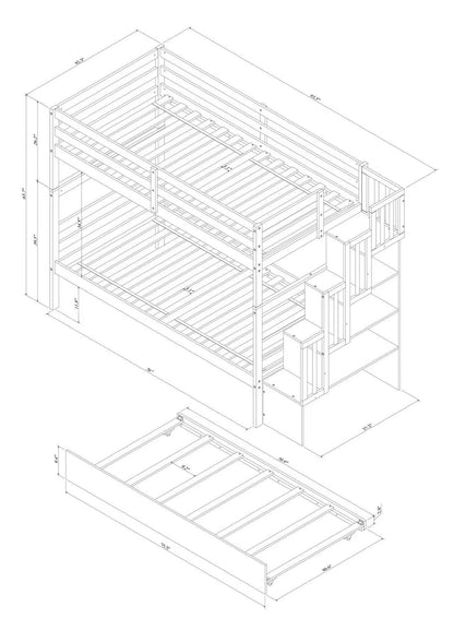 Twin Over Twin Bunk Beds With Twin Trundle And Stairway Storage Function - White