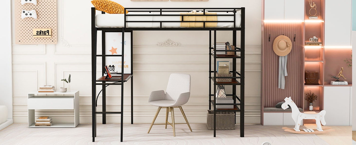 Twin Size Loft Bed With 3 Layers Of Shelves And Desk, Stylish Frame Bed - Black