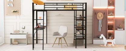 Twin Size Loft Bed With 3 Layers Of Shelves And Desk, Stylish Frame Bed - Black