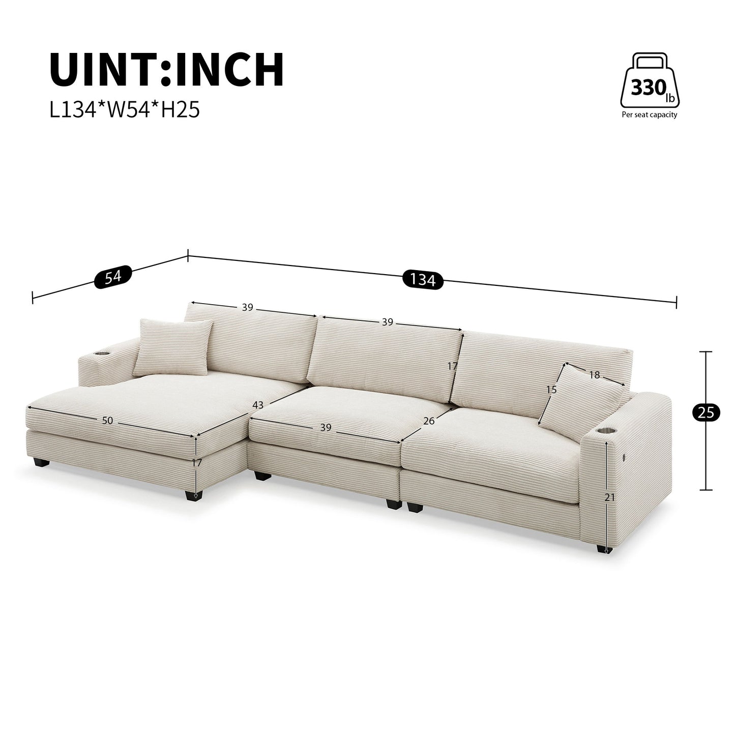 Oversized Sectional L Shaped Cloud Couch With USB Charging Port Cup Holder Deep And Wide Seat Sofa With Chaise Comfy - Beige