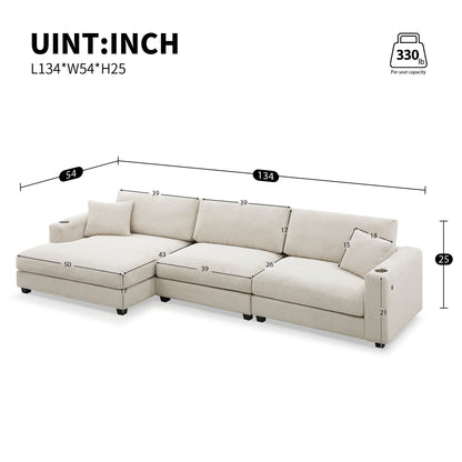 Oversized Sectional L Shaped Cloud Couch With USB Charging Port Cup Holder Deep And Wide Seat Sofa With Chaise Comfy - Beige