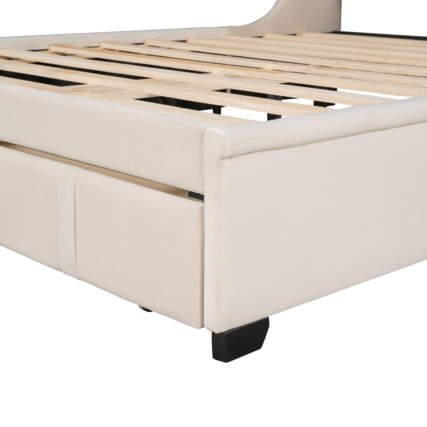 Queen Size Storage Upholstered Platform Bed With Wingback Headboard And A Big Drawer - Beige