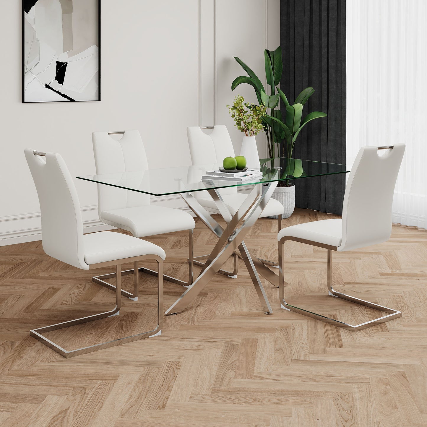 Modern Dining Chairs With Faux Leather Padded Seat And Chrome Metal Legs For Kitchen, Living, Bedroom, Dining Room - White / Silver