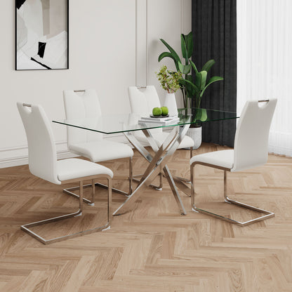 Modern Dining Chairs With Faux Leather Padded Seat And Chrome Metal Legs For Kitchen, Living, Bedroom, Dining Room - White / Silver