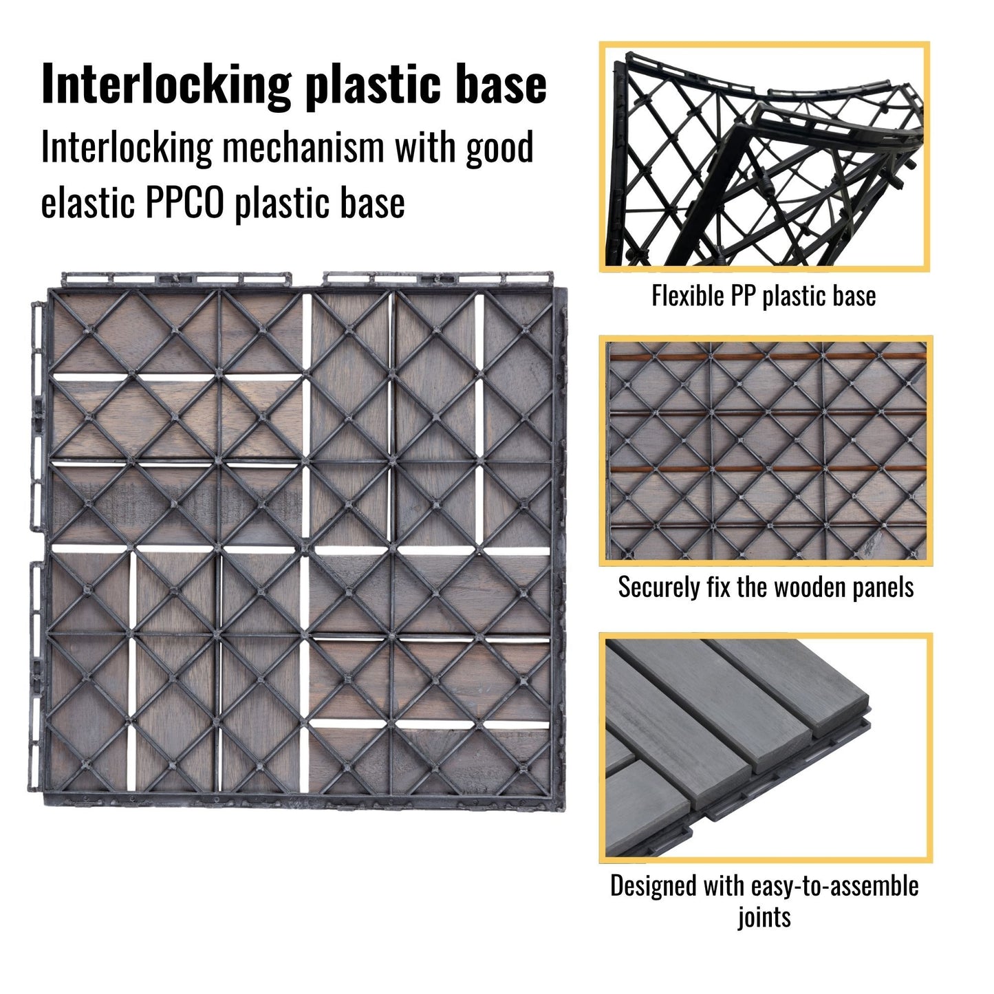 10 Piece Interlocking Deck Tiles Checker Pattern, Square Acacia Hardwood Outdoor Flooring For Patio, Bancony, Pool Side - Light Gray