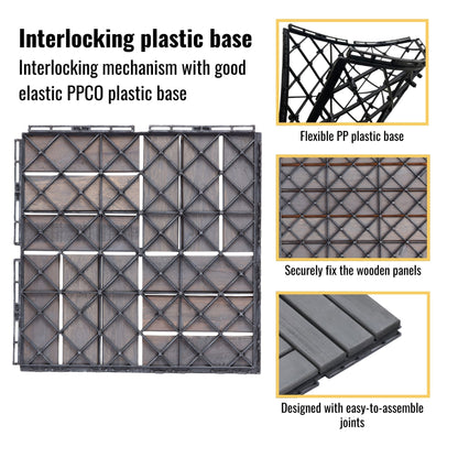 30 Piece Interlocking Deck Tiles Checker Pattern, Square Acacia Hardwood Outdoor Flooring For Patio, Bancony, Pool Side - Light Gray