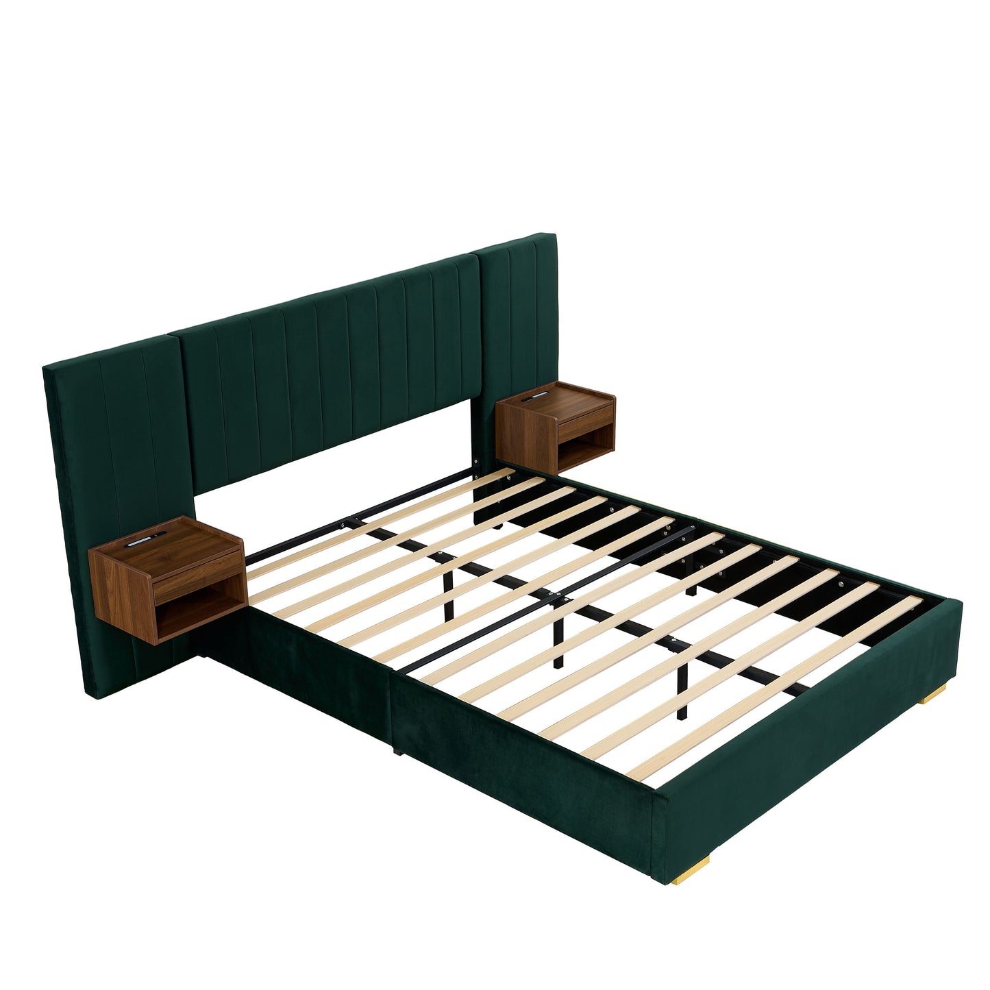 Upholstered Queen Size Bed Frame Of Velvet Tufted Headboard With Floating Nightstand LED / USB Built - Green