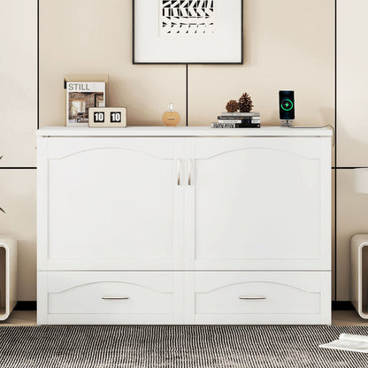 Queen Size Murphy Wall Bed With Drawer And A Set Of Sockets & USB Ports, Pulley Structure Design - White