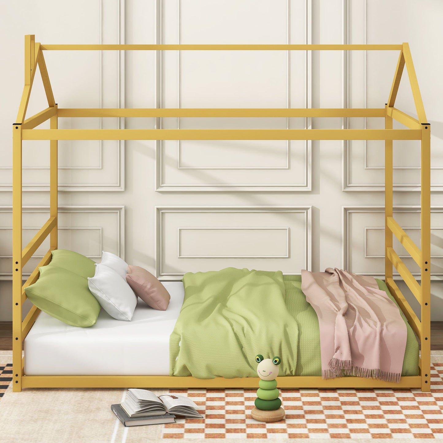 Queen Metal House Shape Platform Bed - Gold