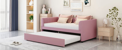 Twin Size Upholstered Daybed With Ergonomic Design Backrest And Trundle - Pink
