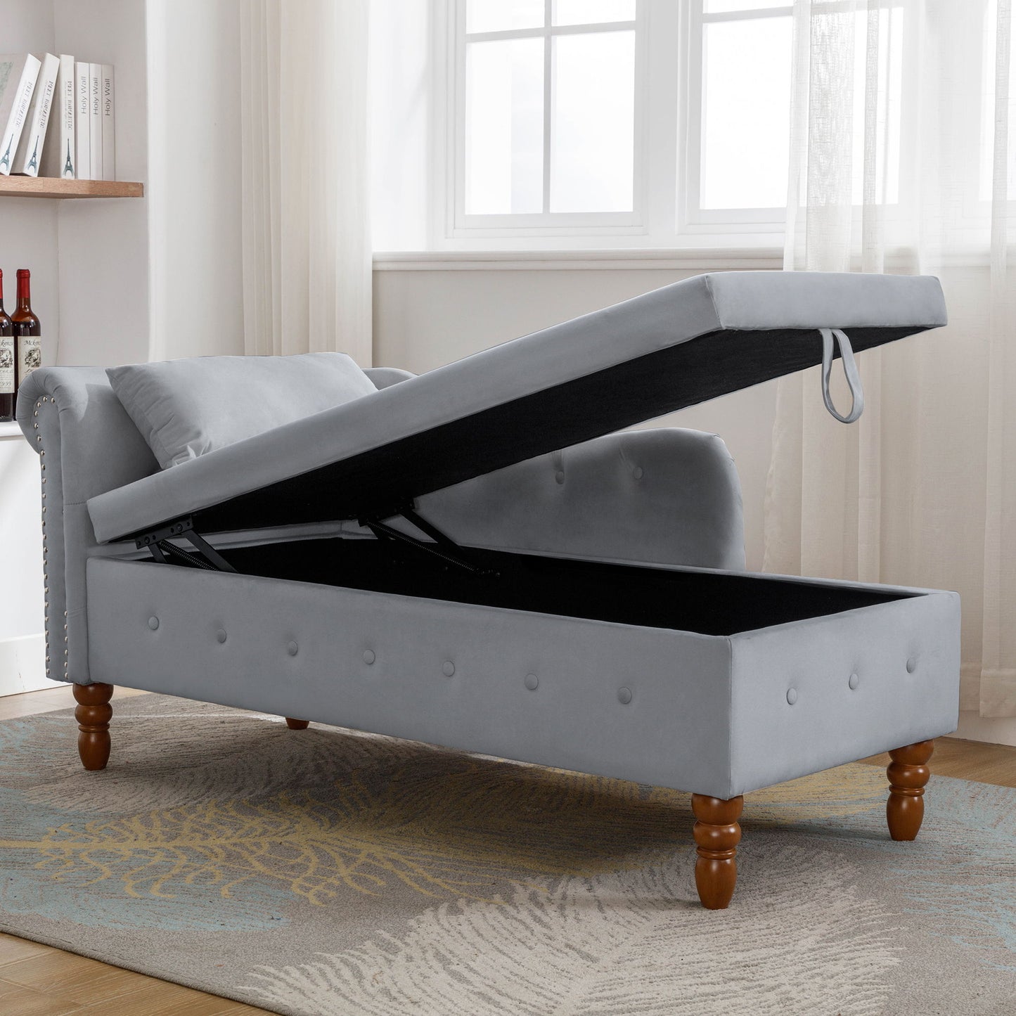 Chaise Lounge Indoor, Velvet Lounge Chair For Bedroom With Storage & Pillow, Modern Upholstered Rolled Arm Chase Lounge For Sleeping With Nailhead Trim For Living Room Bedroom Office - Gray