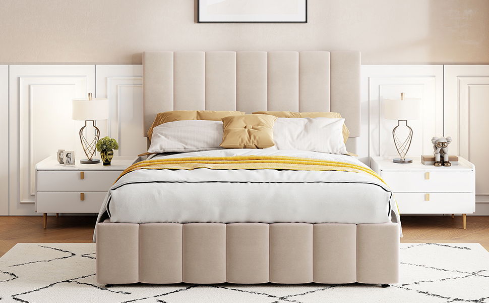 Full Size Upholstered Platform Bed With A Hydraulic Storage System - Beige