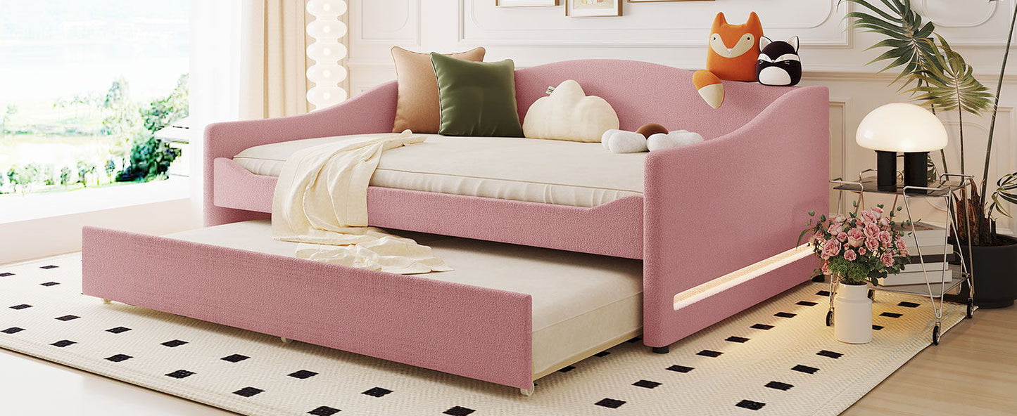 Full Size Upholstered Daybed With Light And Trundle - Pink