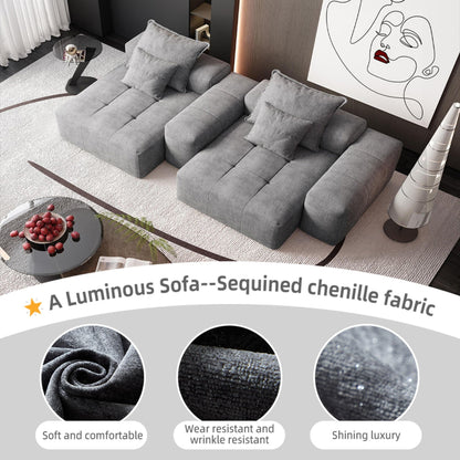 Modern Oversized Modular Sectional Sofa With 2 Chaise Lounge And 2 Armrest, Sparkling Chenille Fabric Soft Cushion Sofa With 4 Pillows, 4 Pieces Diy Combination Tufted Sofa, No Assembly Required - Gray