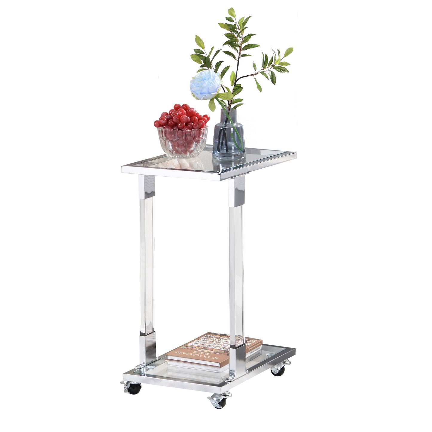 Glass Side Table, Acrylic End Table, Glass Top C Shape Square Table With Metal Base For Living Room, Bedroom, Balcony Home And Office - Chrome