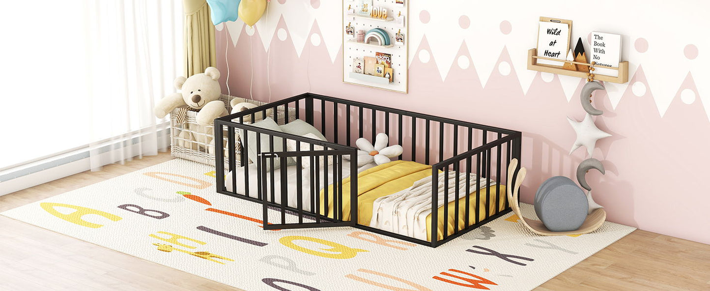Twin Size Floor Bed Frame With Fence And Door - Black