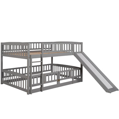 Full Over Full Low Bunk Bed With Slide, Fence And Ladder - Gray