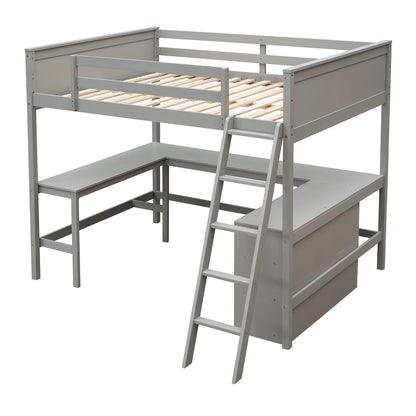 Full Size Loft Bed With Shelves With Desk - Gray