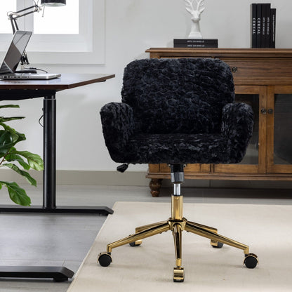 Office Chair, Artificial Rabbit Hair Home Office Chair With Golden Metal Base, Adjustable Desk Chair Swivel Office Chair, Vanity Chair - Black