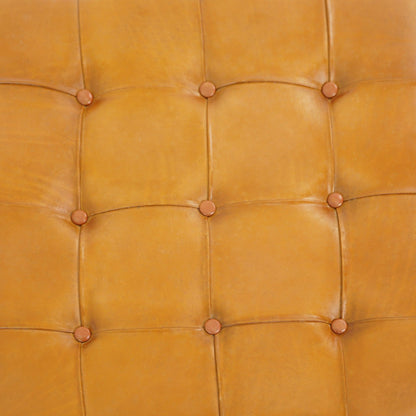 Mark - Mid-Century Tufted Square Genuine Leather Upholstered Ottoman - Light Tan / Rustic