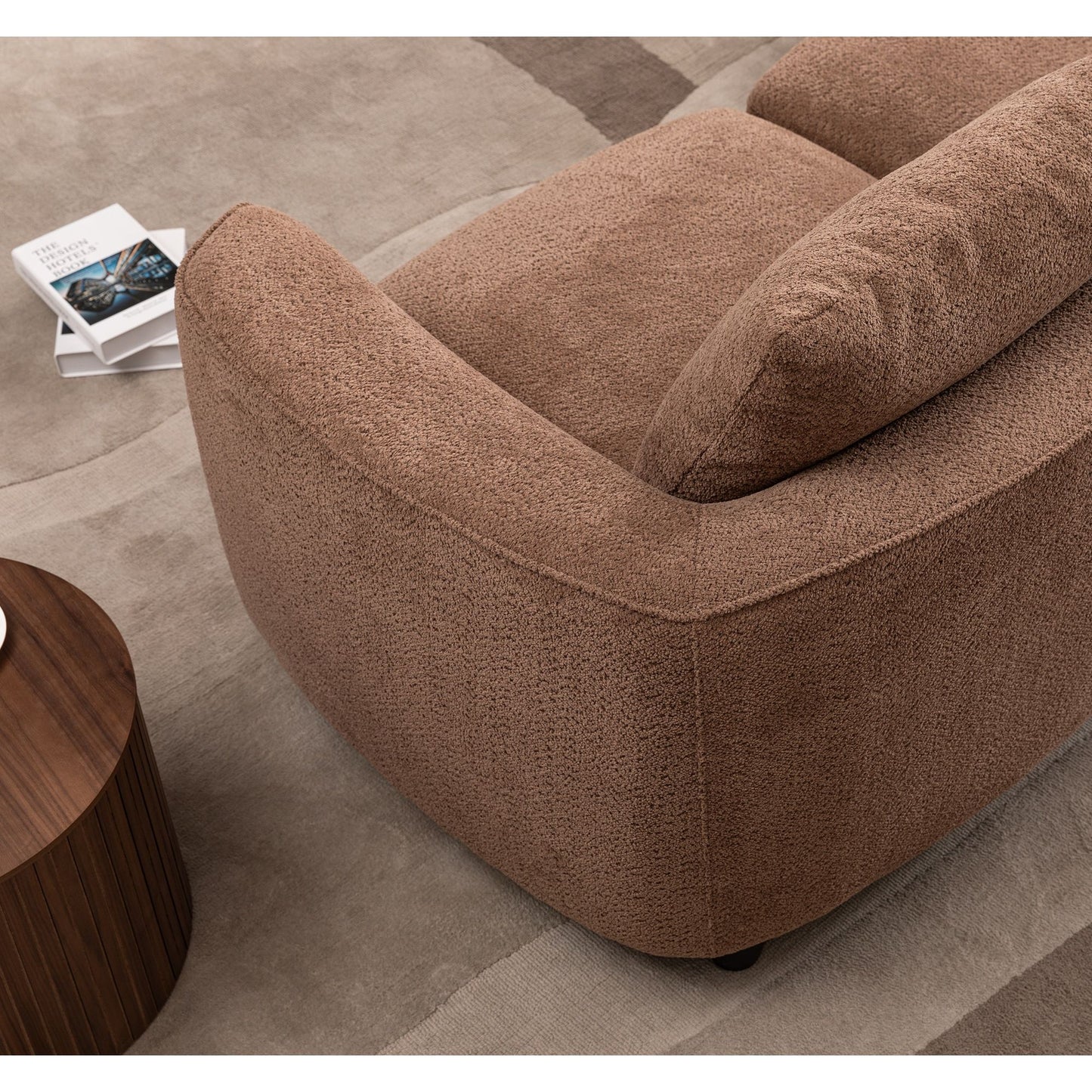 Mid - Century Modern Three Seater Sofa, Lamb Wool Fabric - Camel