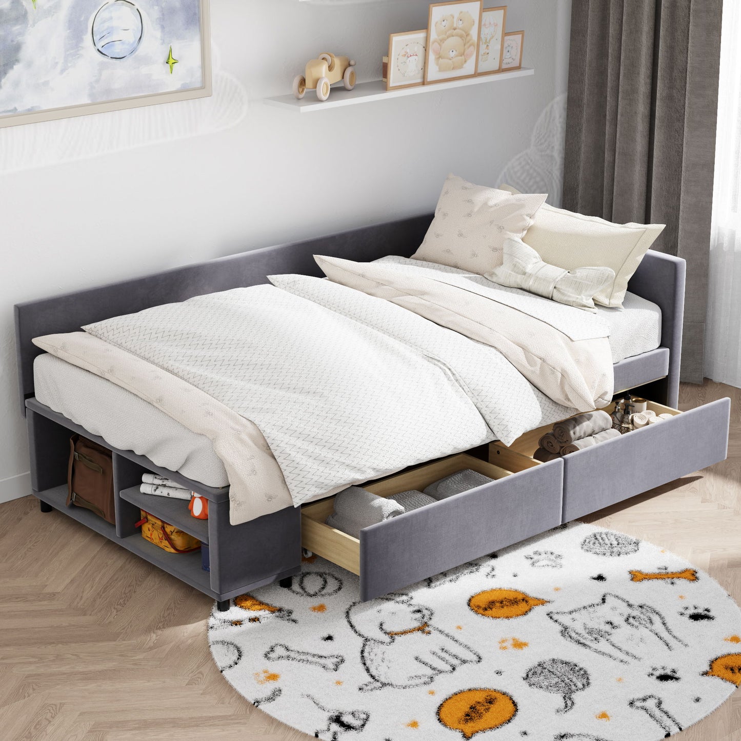 Twin L Shaped Upholstered Platform Bed With Storage Drawers - Gray