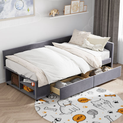 Twin L Shaped Upholstered Platform Bed With Storage Drawers - Gray