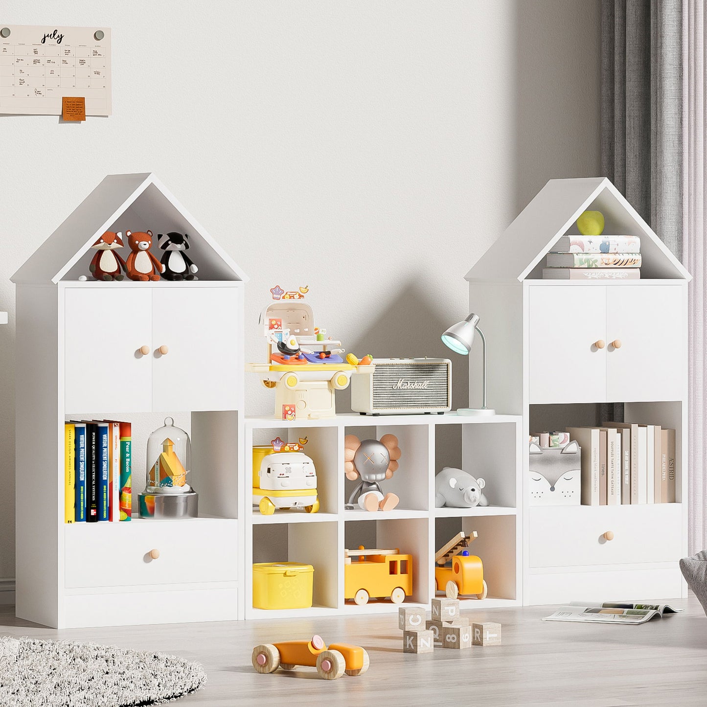 Versatile Children's Bookshelf With House-Shaped Design Multifunctional Storage - White
