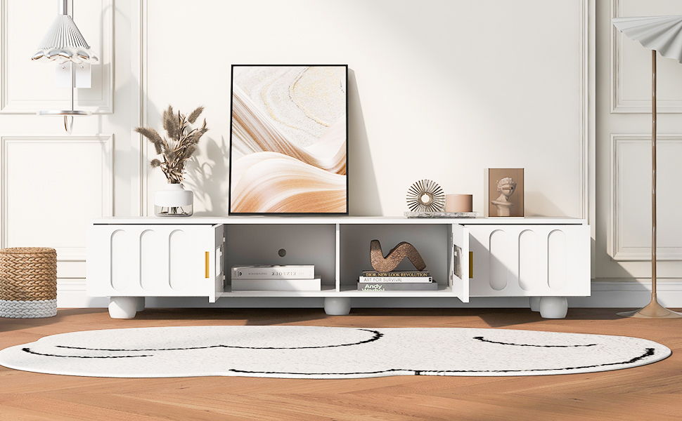 Modern TV Stand For TVs Up To 80", Entertainment Center With Glass Door, 2 Drawers And Cabinets, Wood TV Storage Cabinet With Solid Wood Legs And Metal Handles For Living Room - White