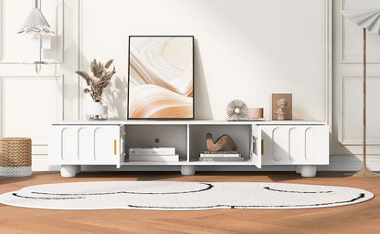 Modern TV Stand For TVs Up To 80", Entertainment Center With Glass Door, 2 Drawers And Cabinets, Wood TV Storage Cabinet With Solid Wood Legs And Metal Handles For Living Room - White