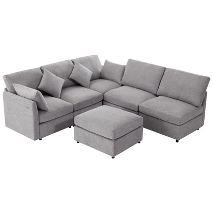 Sectional Sofa Modular Sofa U - Shaped Sofa Couch Sofa Bed L - Shaped Sofa With A Movable Ottoman And Two USB Ports For Living Room - Light Gray
